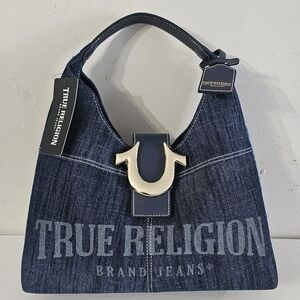 True Religion Frayed Dark Blue Denim Hobo Shoulder Bag ~Logo
